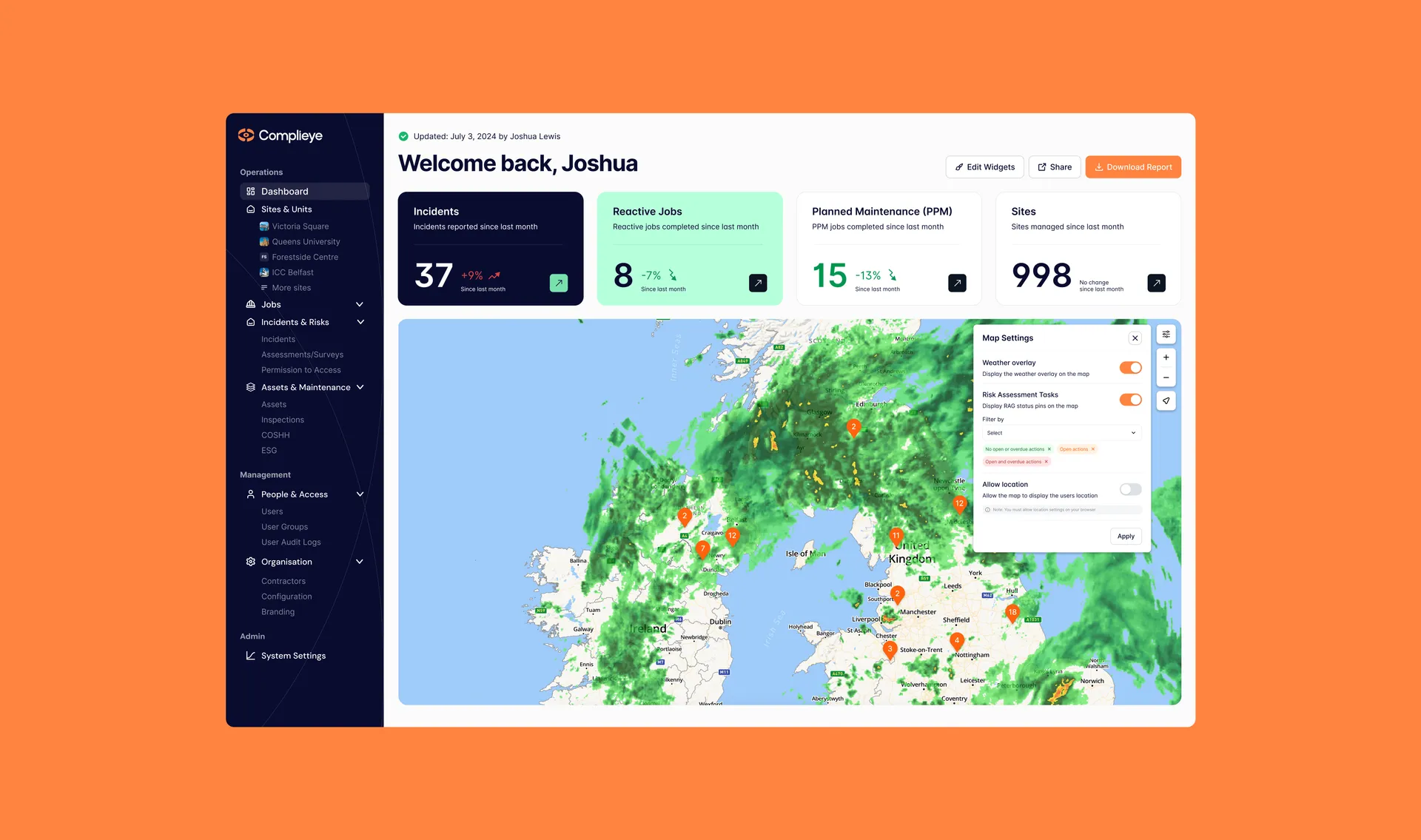 Compliance dashboard with stats and a UK map