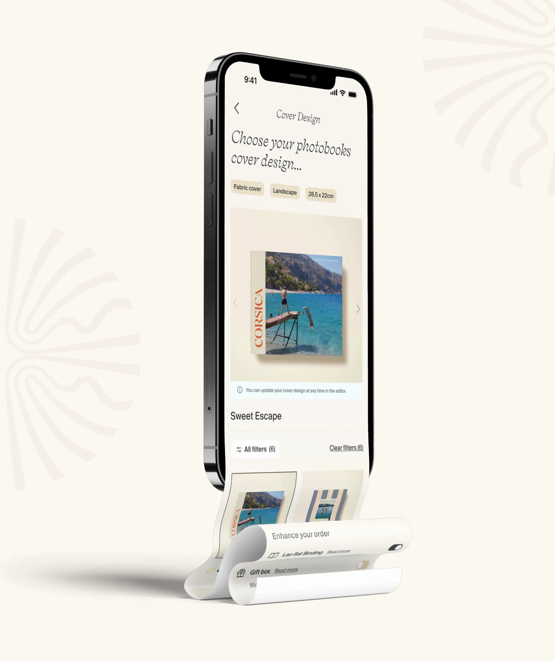 Tall phone screen of a photo book editor