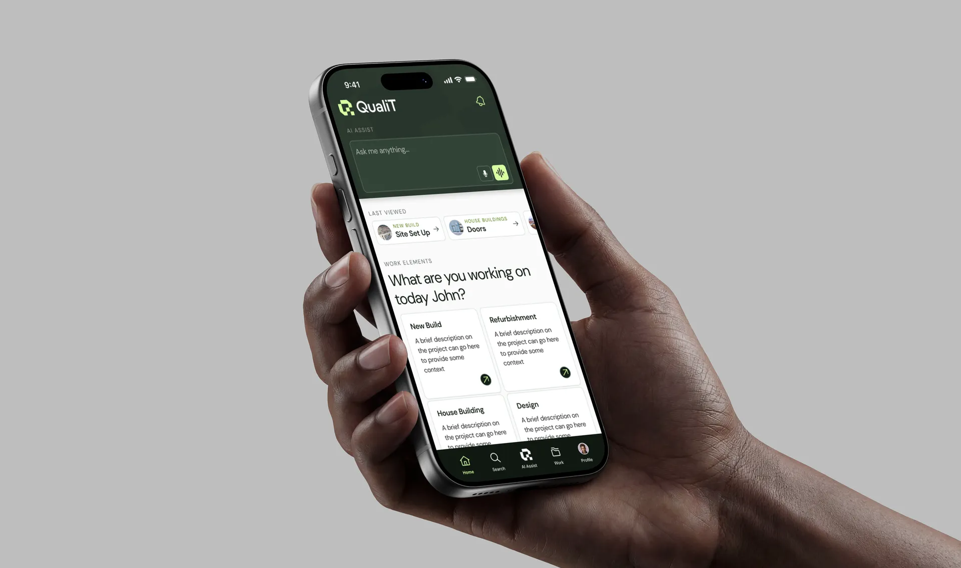 Hand holding a phone with an AI assistant question screen