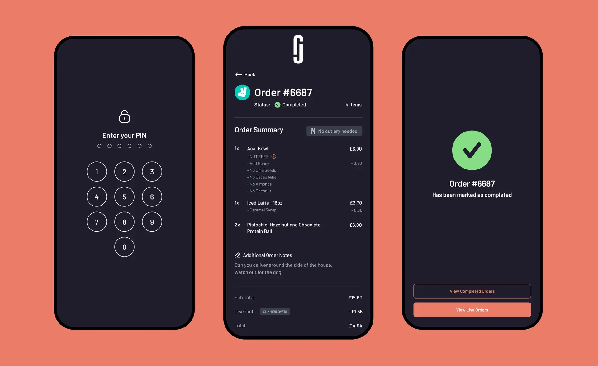 Three dark checkout and order confirmation screens