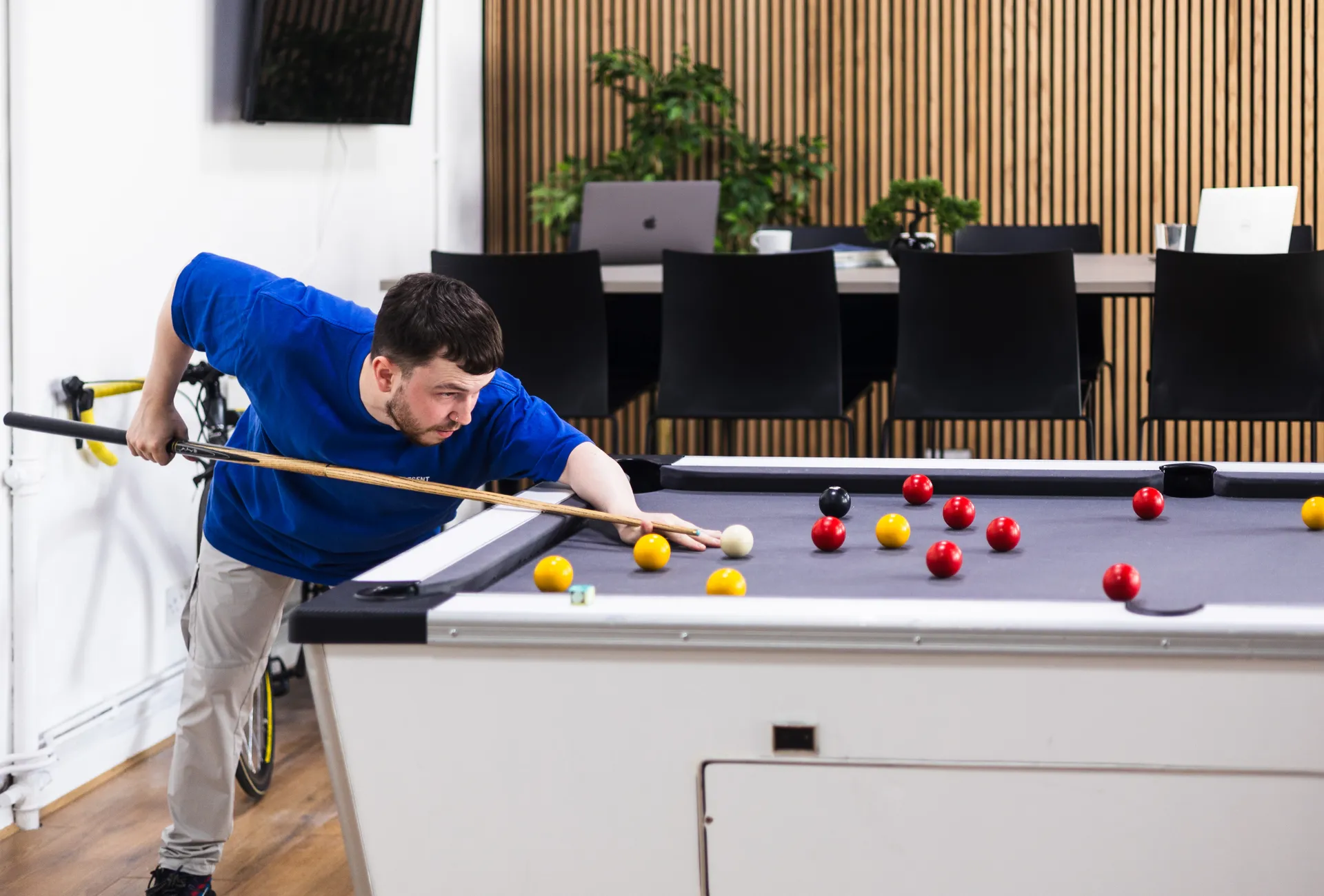 A game of pool in the Myth studio